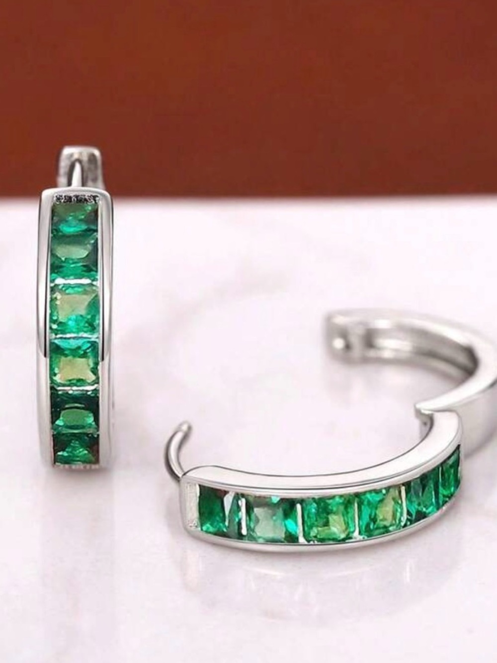 Sterling Silver Hoop Earrings with Emerald Green Channel Stones
